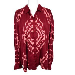 Wonderly Button Up Blouse Women XXL Red Aztec Boyfriend Shirt Casual Top